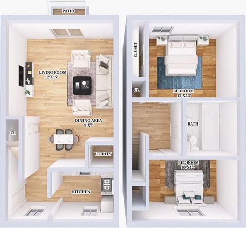 Floor plan for 2 beds, 1 bath, 1000 sqft
